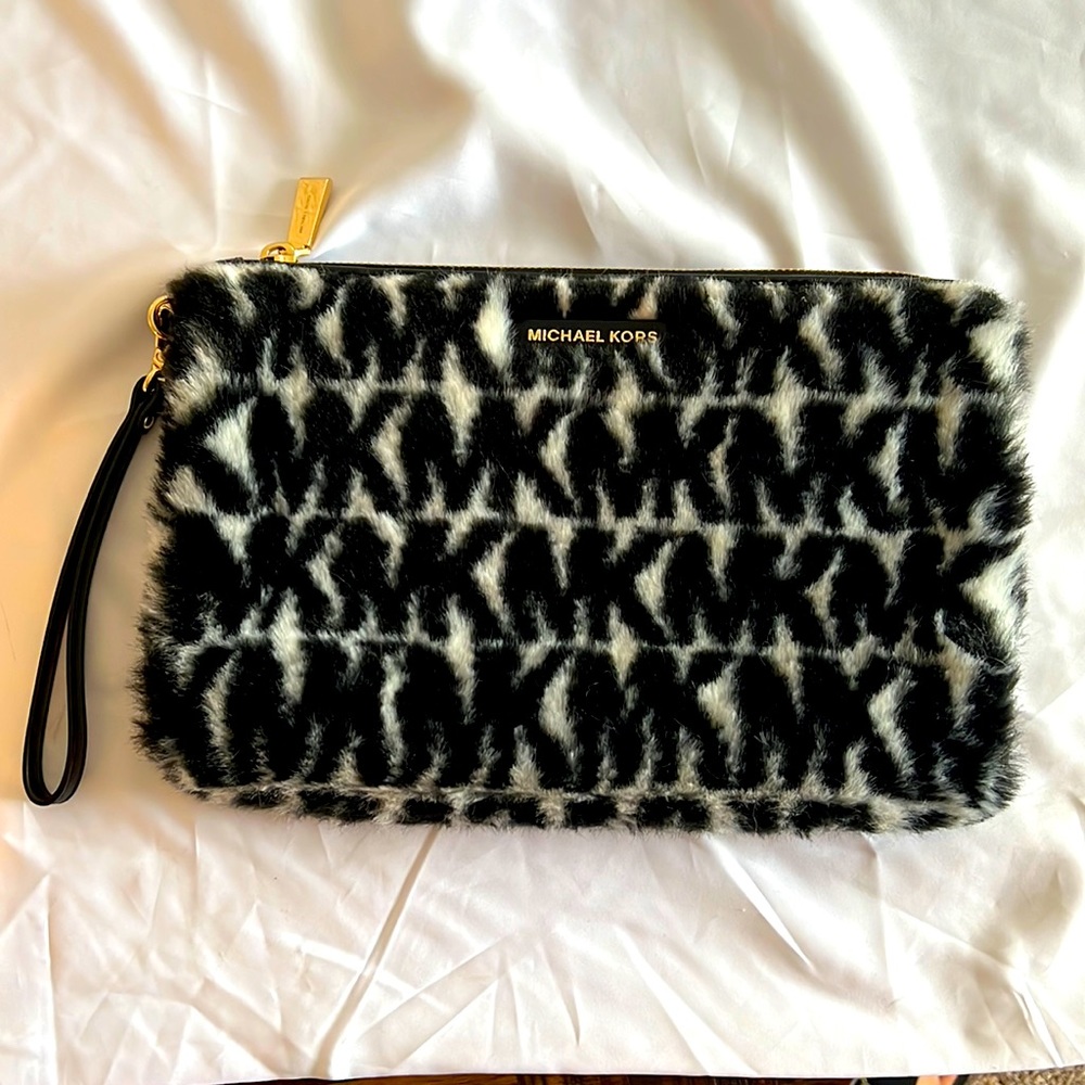 MK Jet Set Large Logo Faux Fur Travel Pouch
